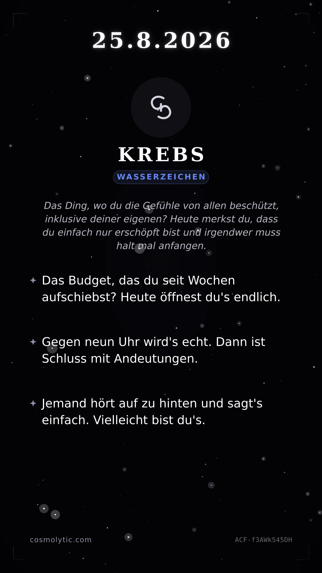 Krebs Tageshoroskop-Karte für 25. August 2026