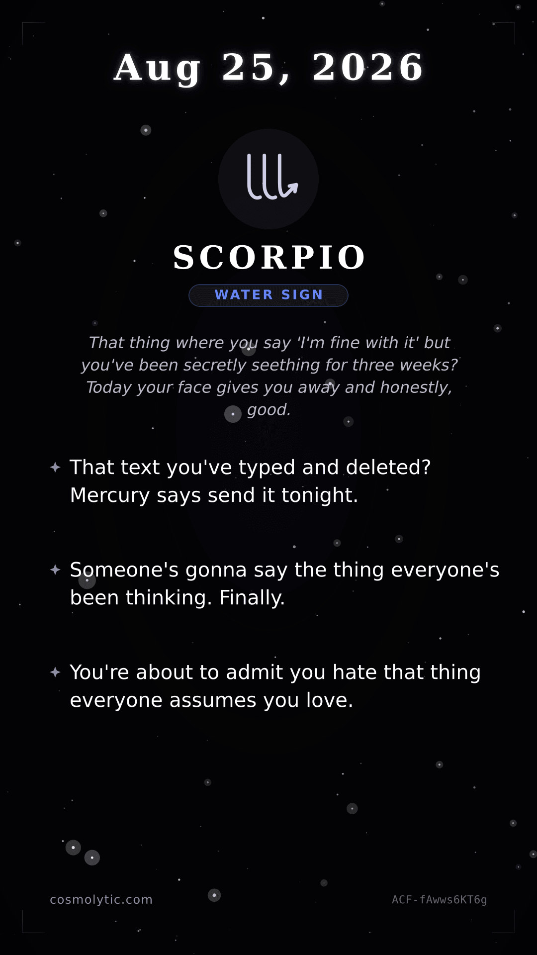 Scorpio daily horoscope card for August 25, 2026