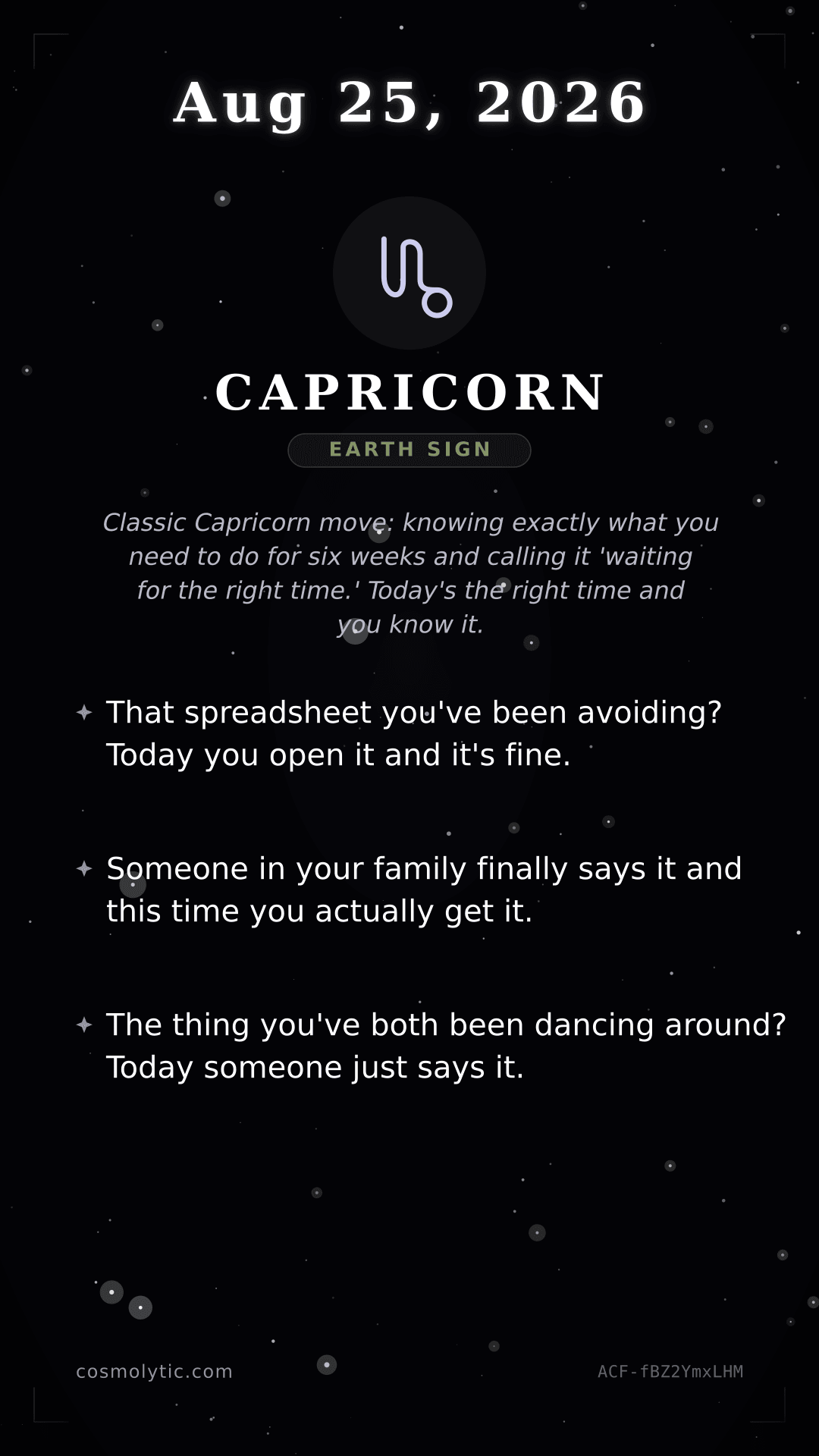 Capricorn daily horoscope card for August 25, 2026
