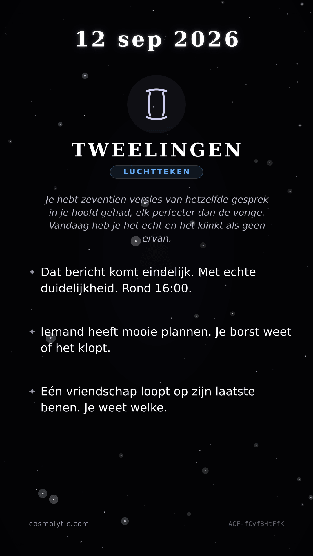 Tweelingen daghoroscoop kaart voor 12 september 2026