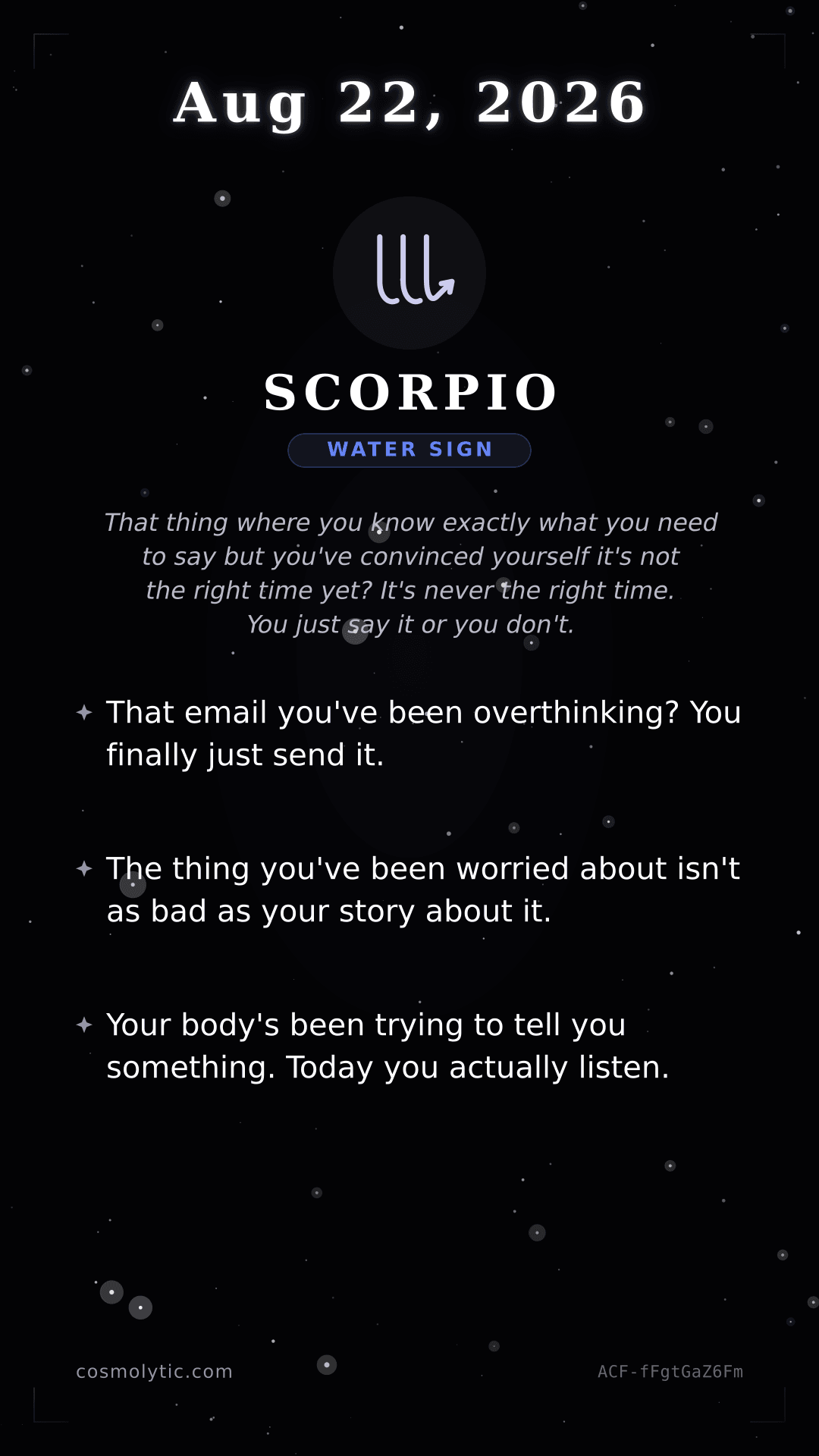 Scorpio daily horoscope card for August 22, 2026