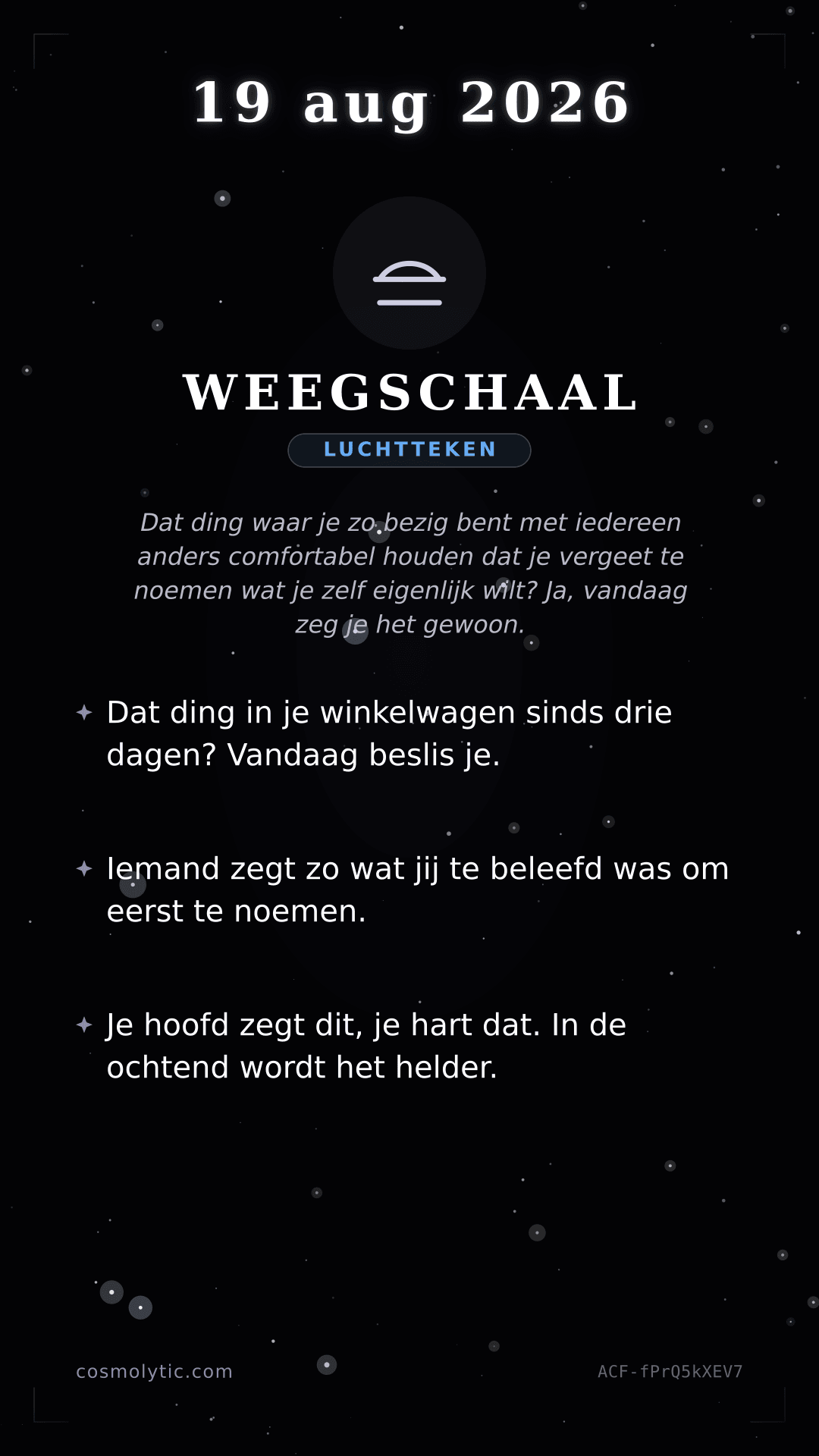 Weegschaal daghoroscoop kaart voor 19 augustus 2026