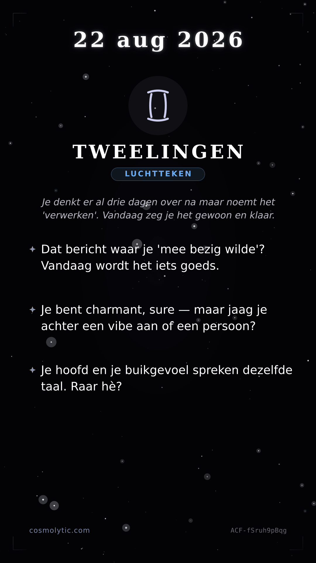 Tweelingen daghoroscoop kaart voor 22 augustus 2026