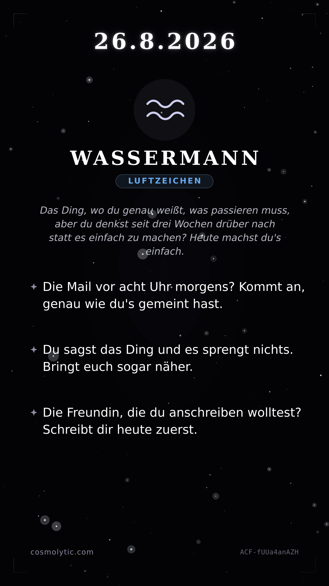 Wassermann Tageshoroskop-Karte für 26. August 2026