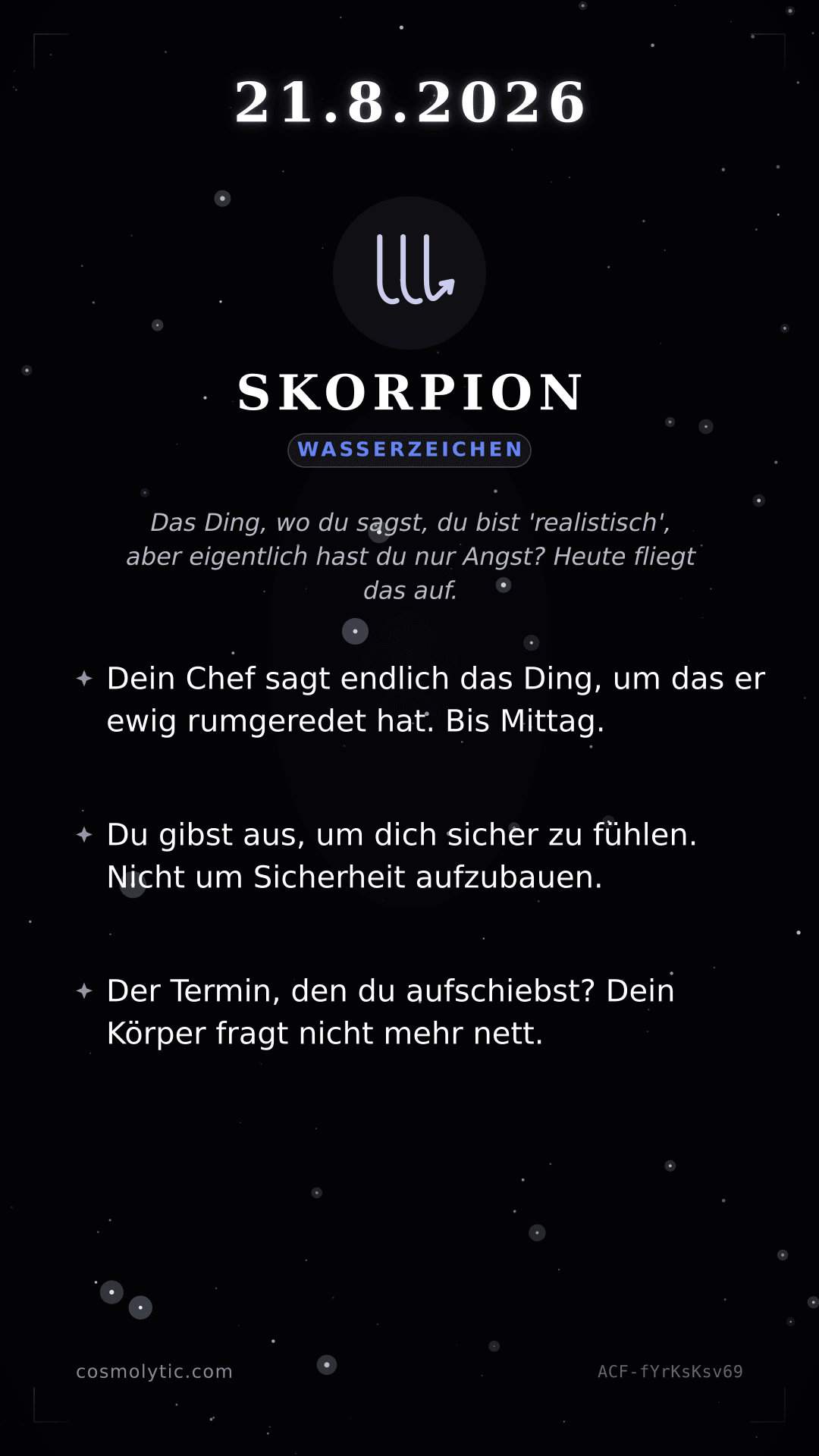 Skorpion Tageshoroskop-Karte für 21. August 2026