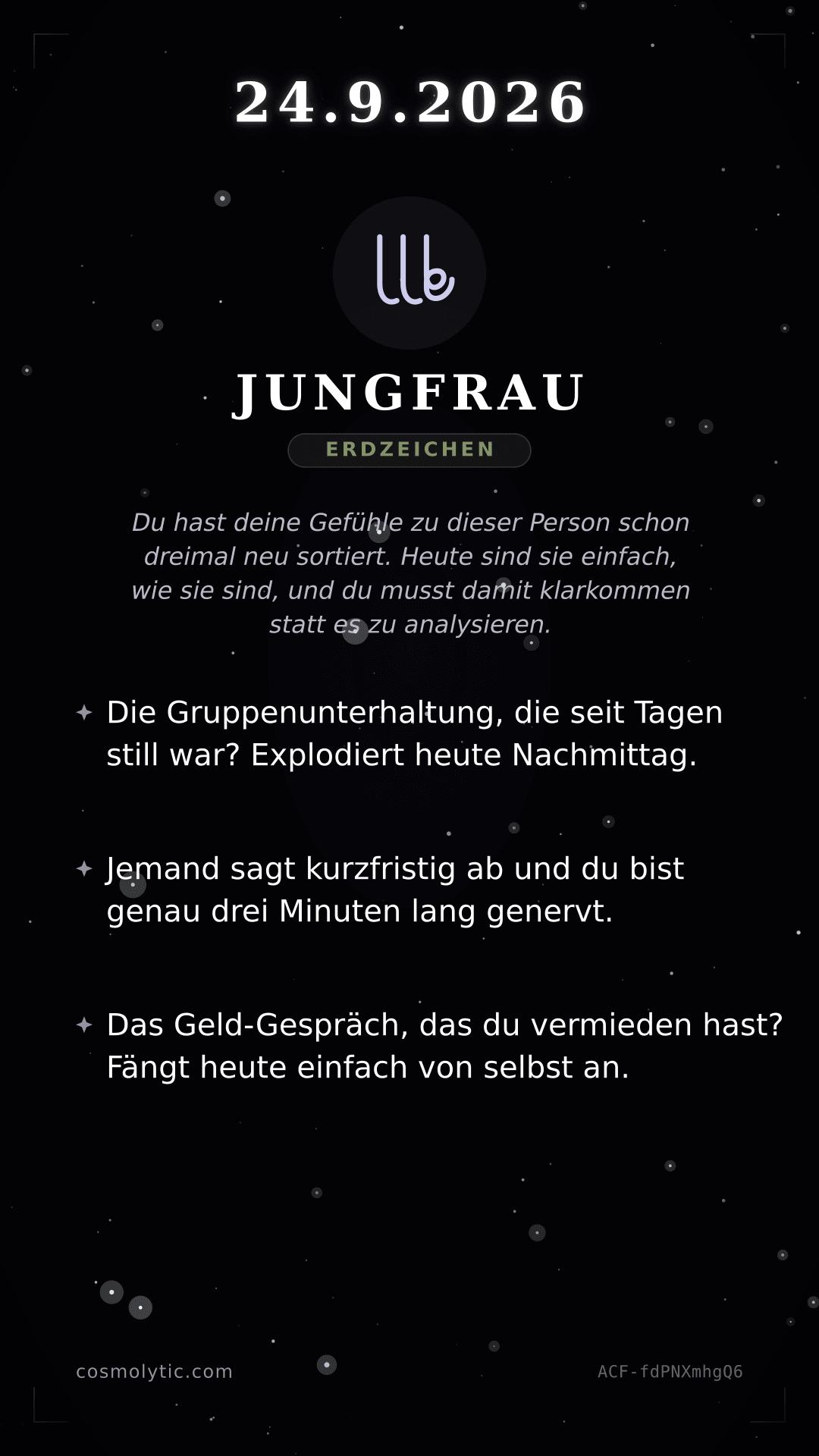 Jungfrau Tageshoroskop-Karte für 24. September 2026