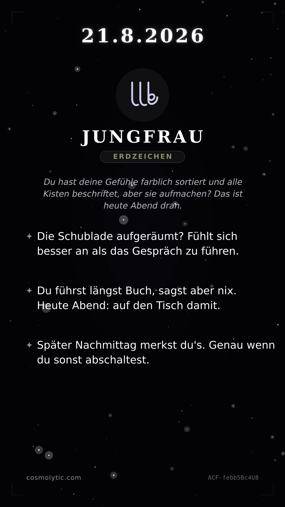 Jungfrau Tageshoroskop-Karte für 21. August 2026