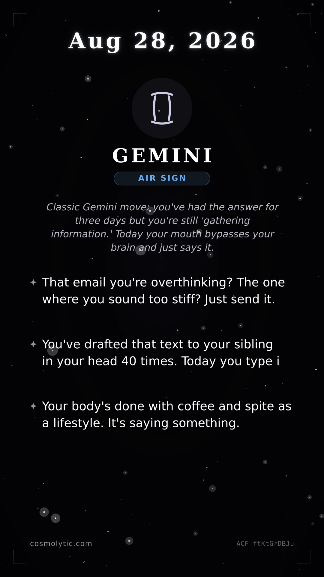 Gemini daily horoscope card for August 28, 2026