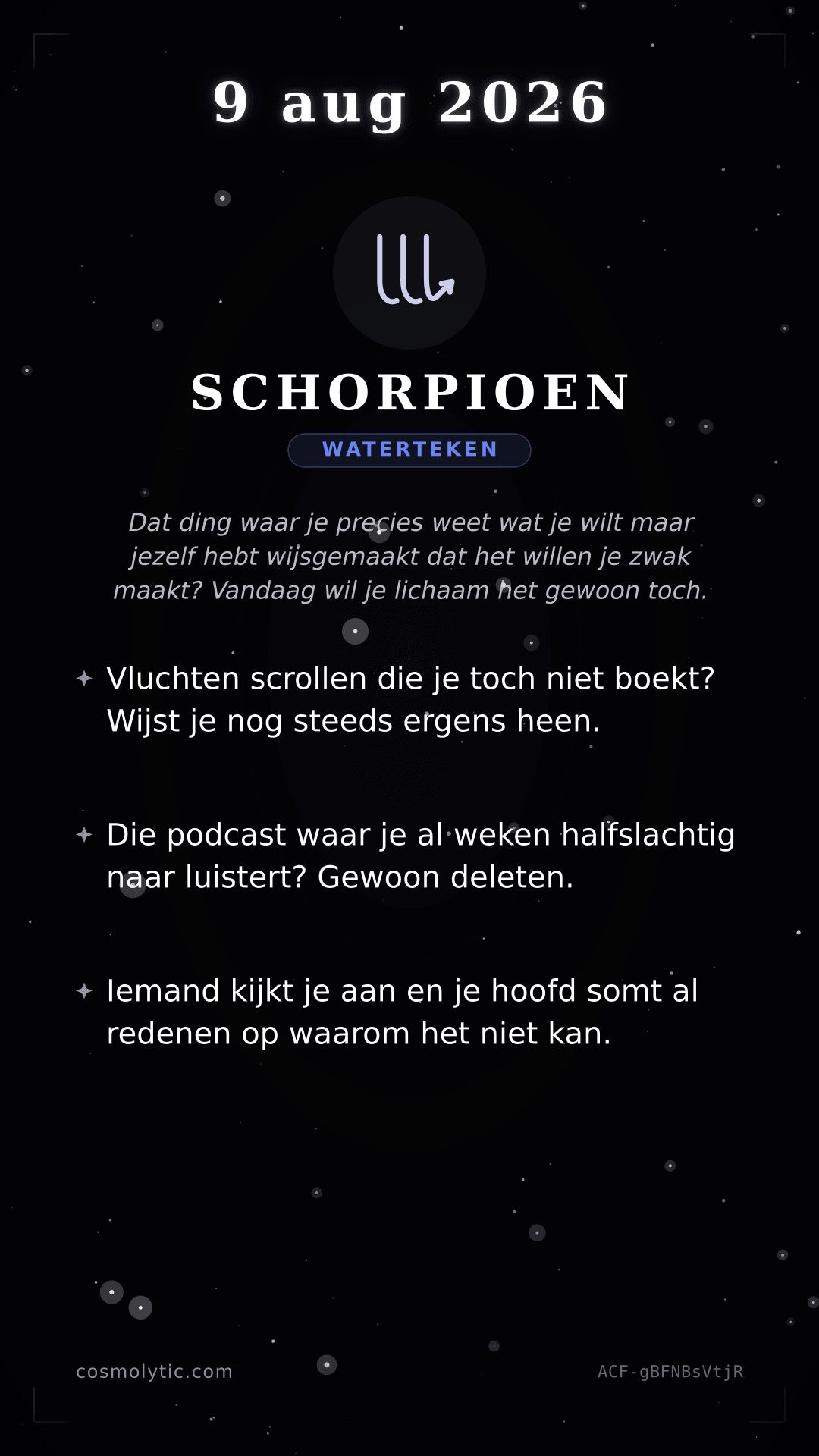 Schorpioen daghoroscoop kaart voor 9 augustus 2026