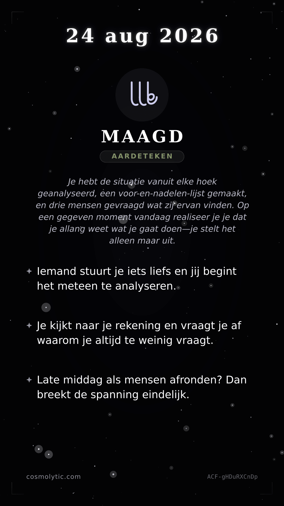 Maagd daghoroscoop kaart voor 24 augustus 2026