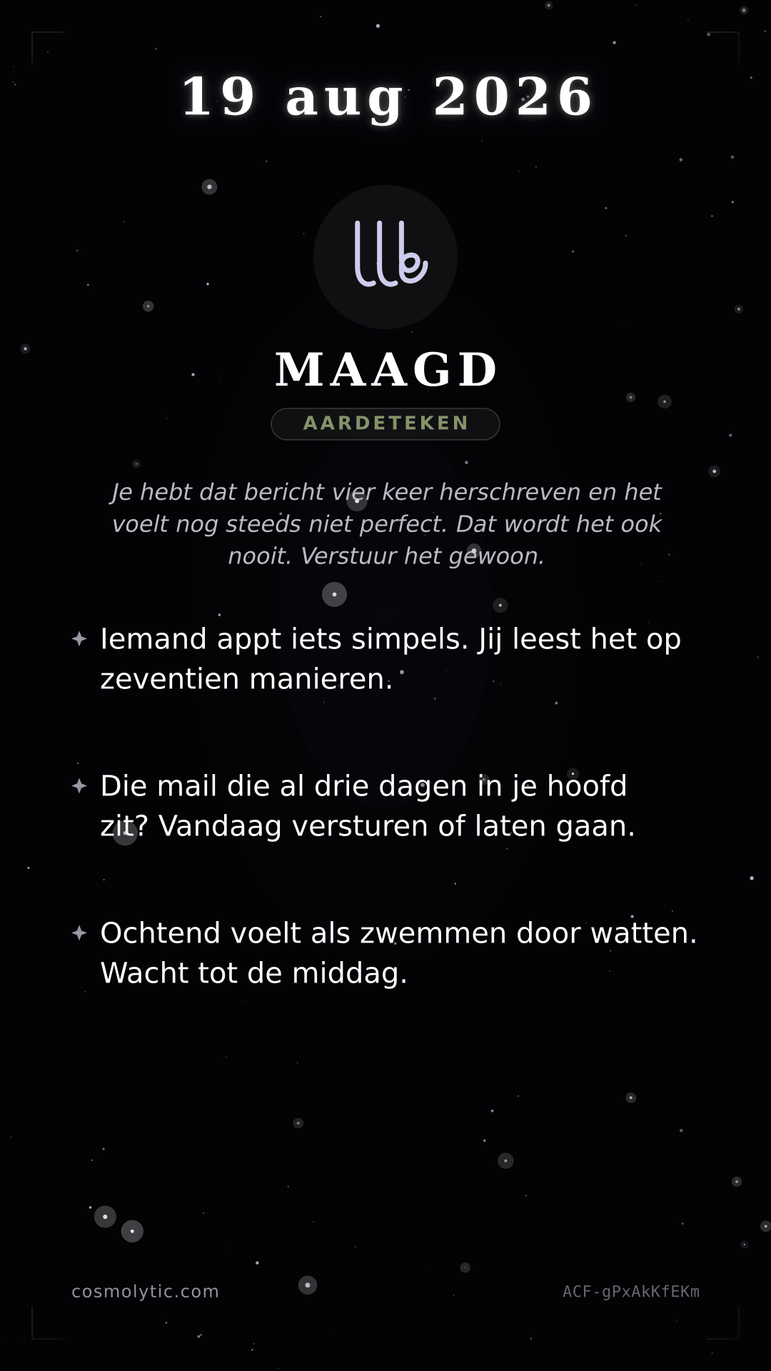 Maagd daghoroscoop kaart voor 19 augustus 2026
