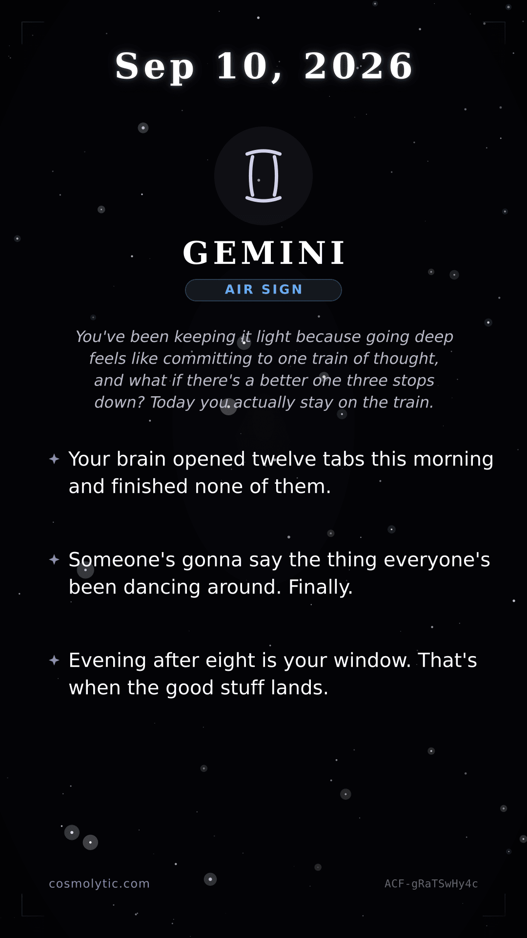Gemini daily horoscope card for September 10, 2026