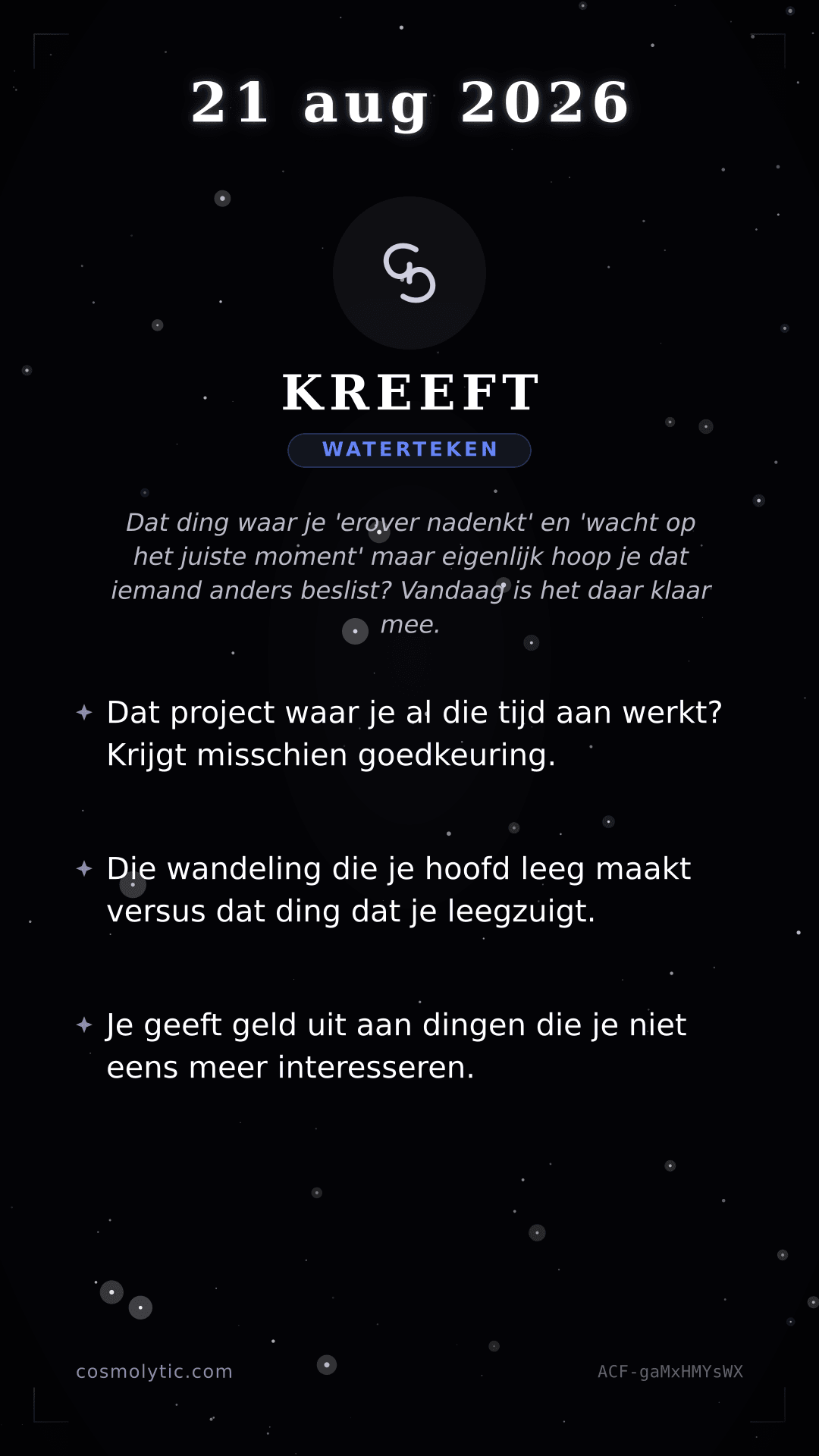 Kreeft daghoroscoop kaart voor 21 augustus 2026