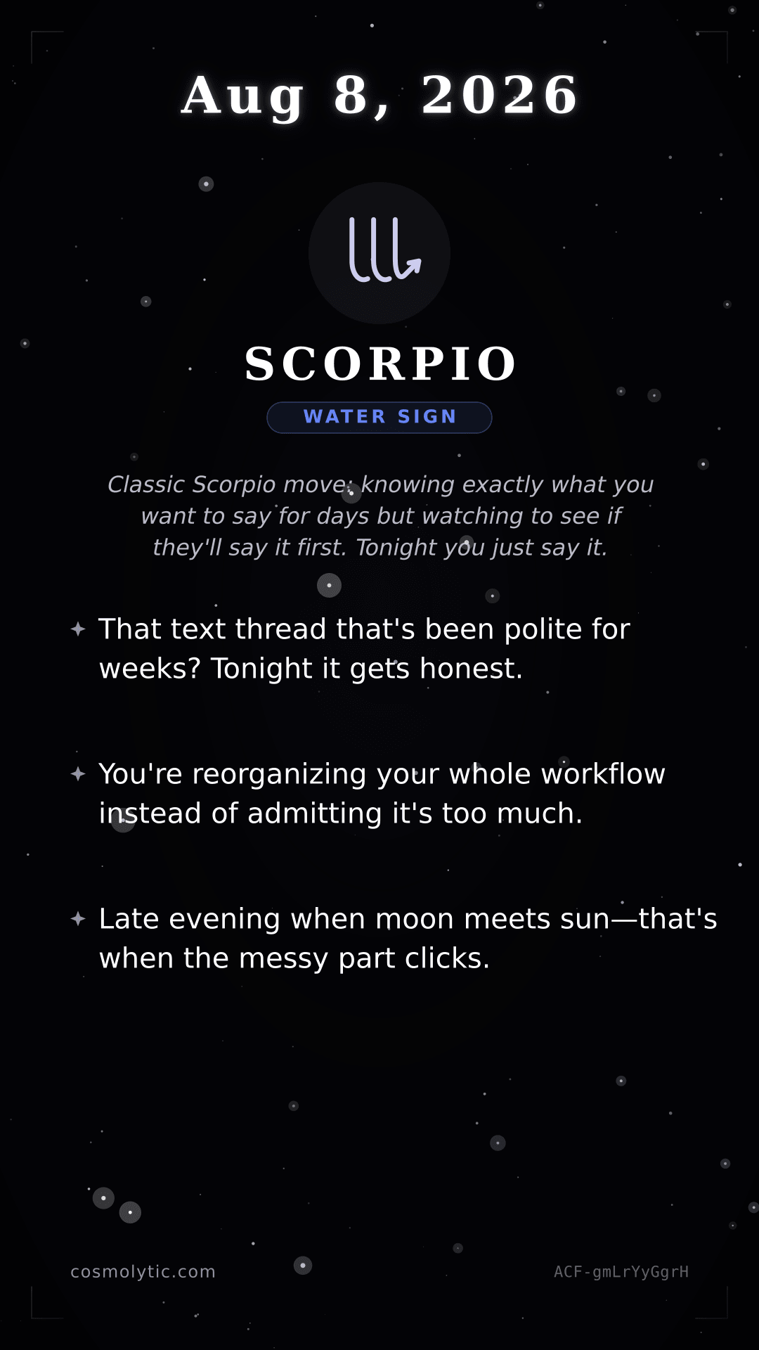 Scorpio daily horoscope card for August 8, 2026