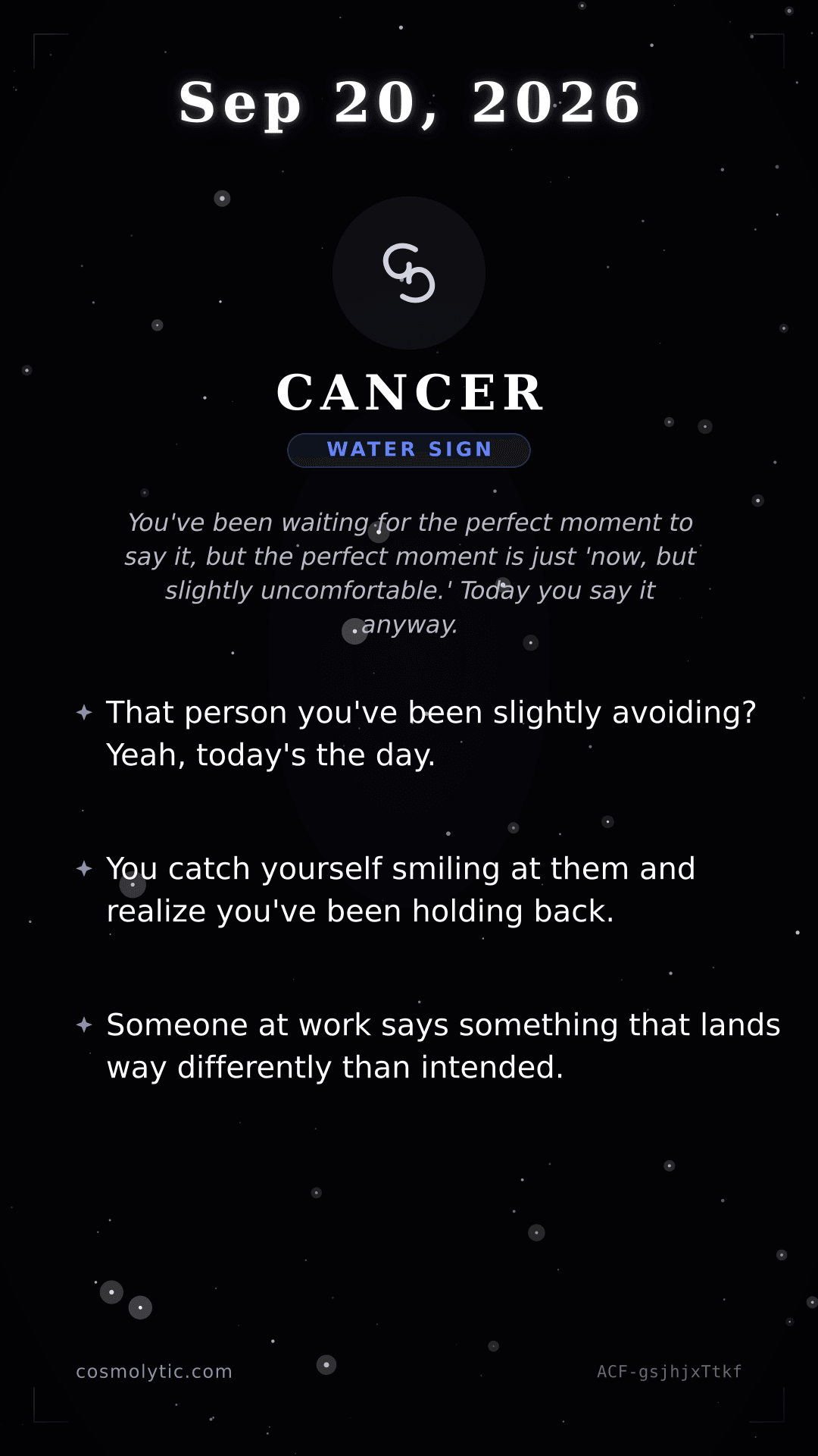 Cancer daily horoscope card for September 20, 2026