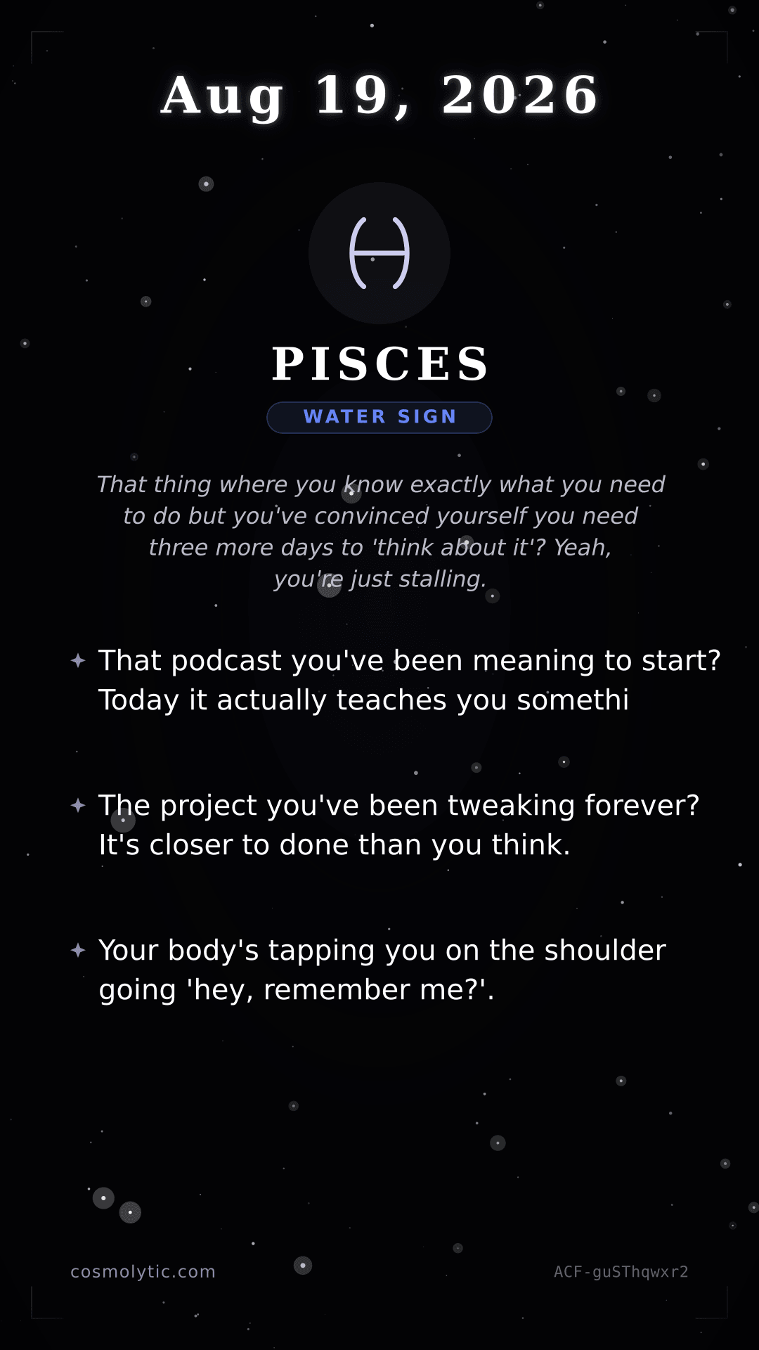 Pisces daily horoscope card for August 19, 2026