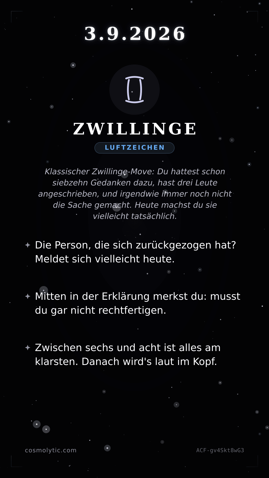 Zwillinge Tageshoroskop-Karte für 3. September 2026