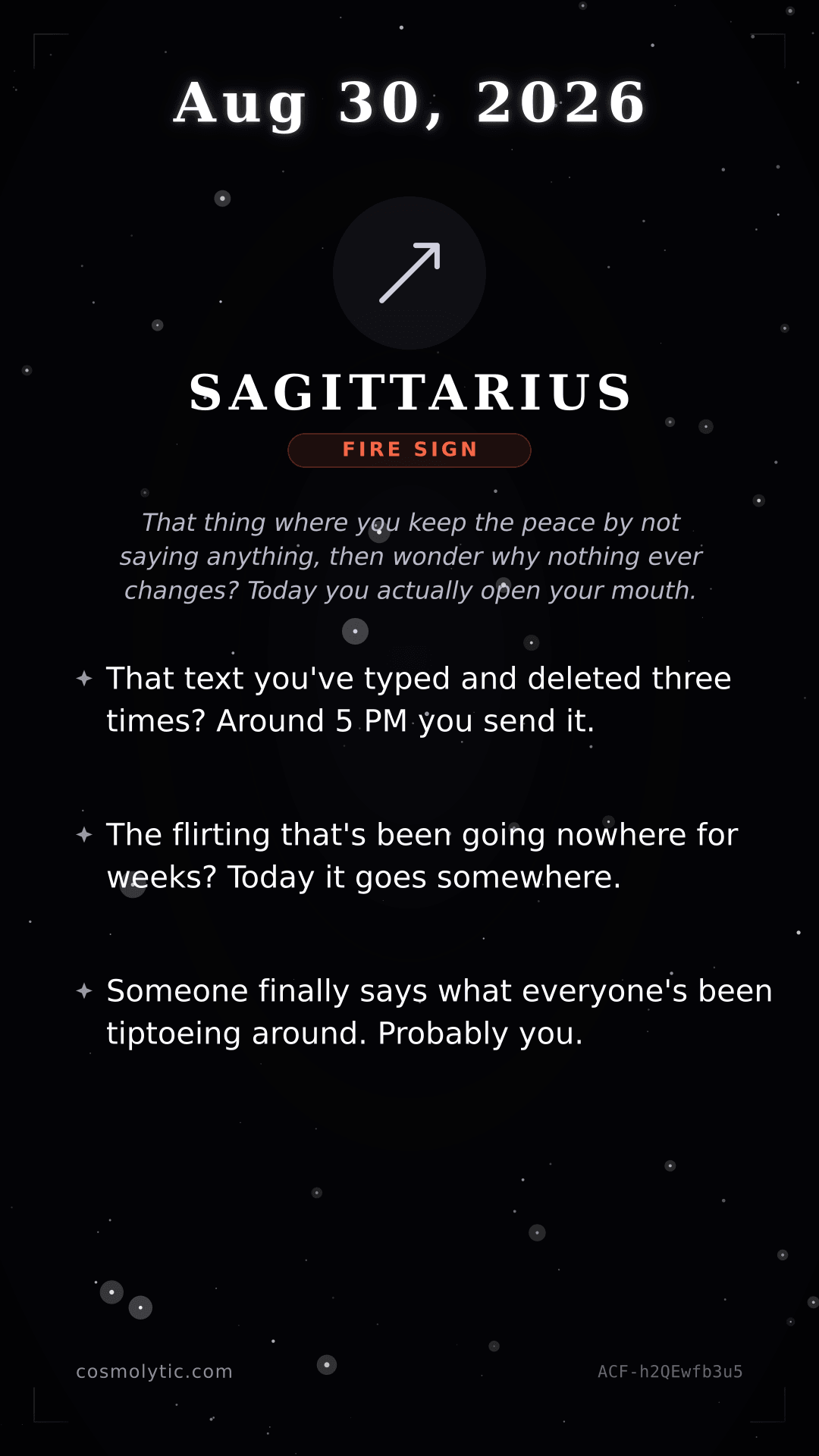 Sagittarius daily horoscope card for August 30, 2026