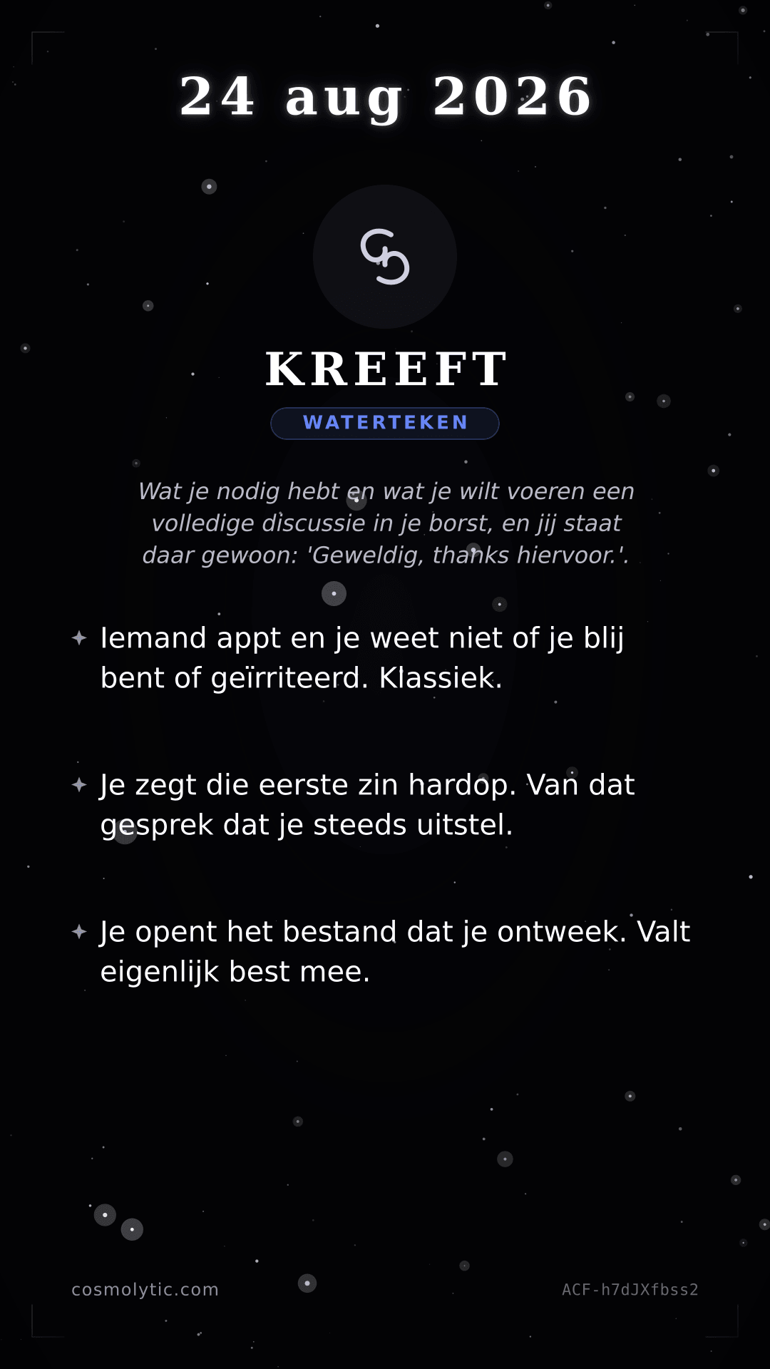 Kreeft daghoroscoop kaart voor 24 augustus 2026