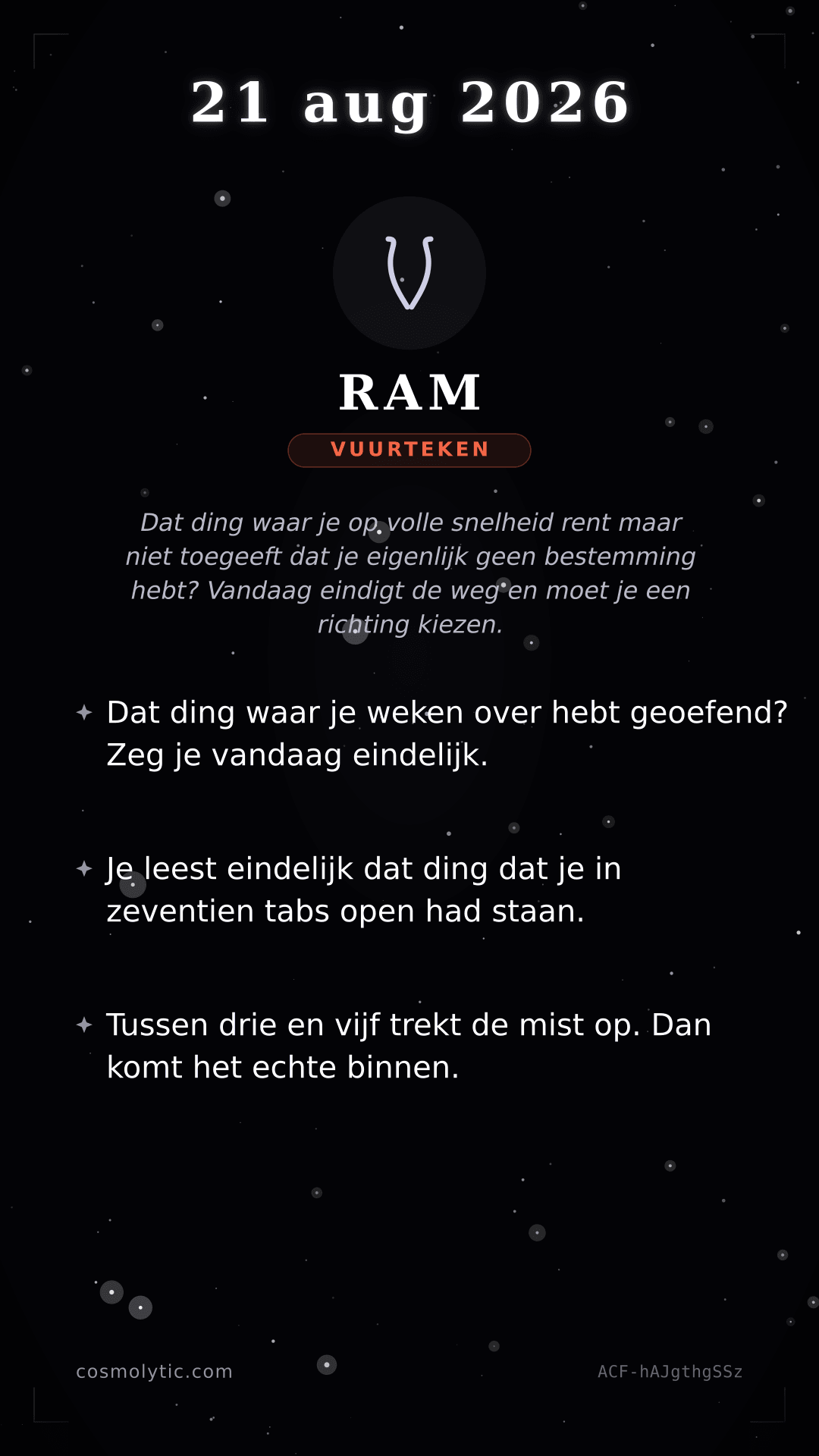 Ram daghoroscoop kaart voor 21 augustus 2026
