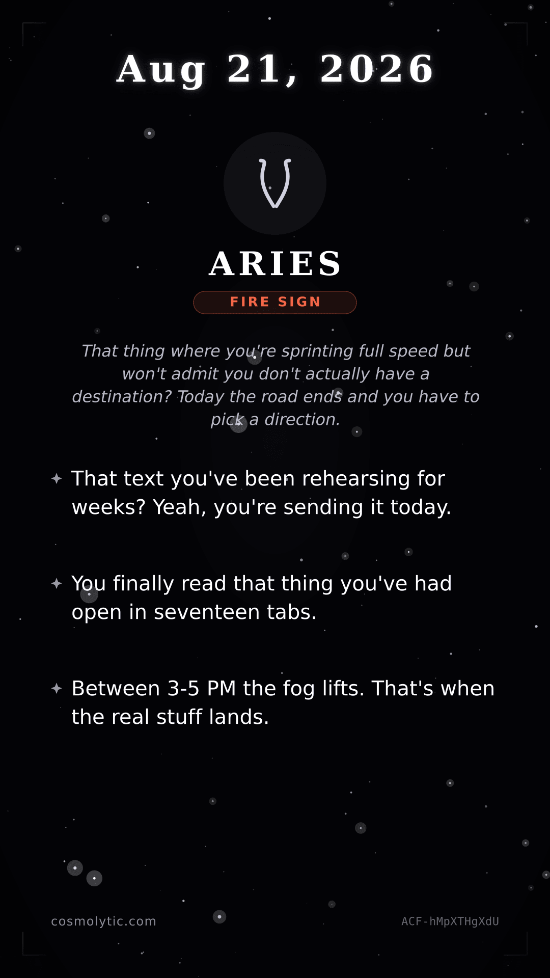 Aries daily horoscope card for August 21, 2026