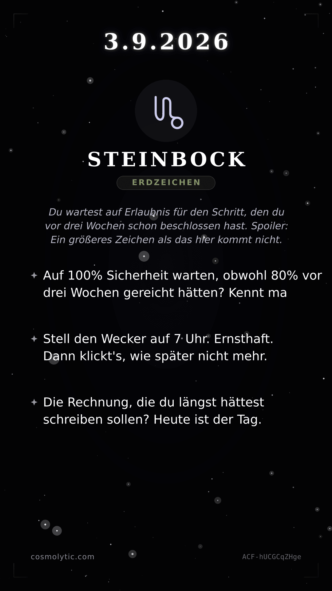 Steinbock Tageshoroskop-Karte für 3. September 2026