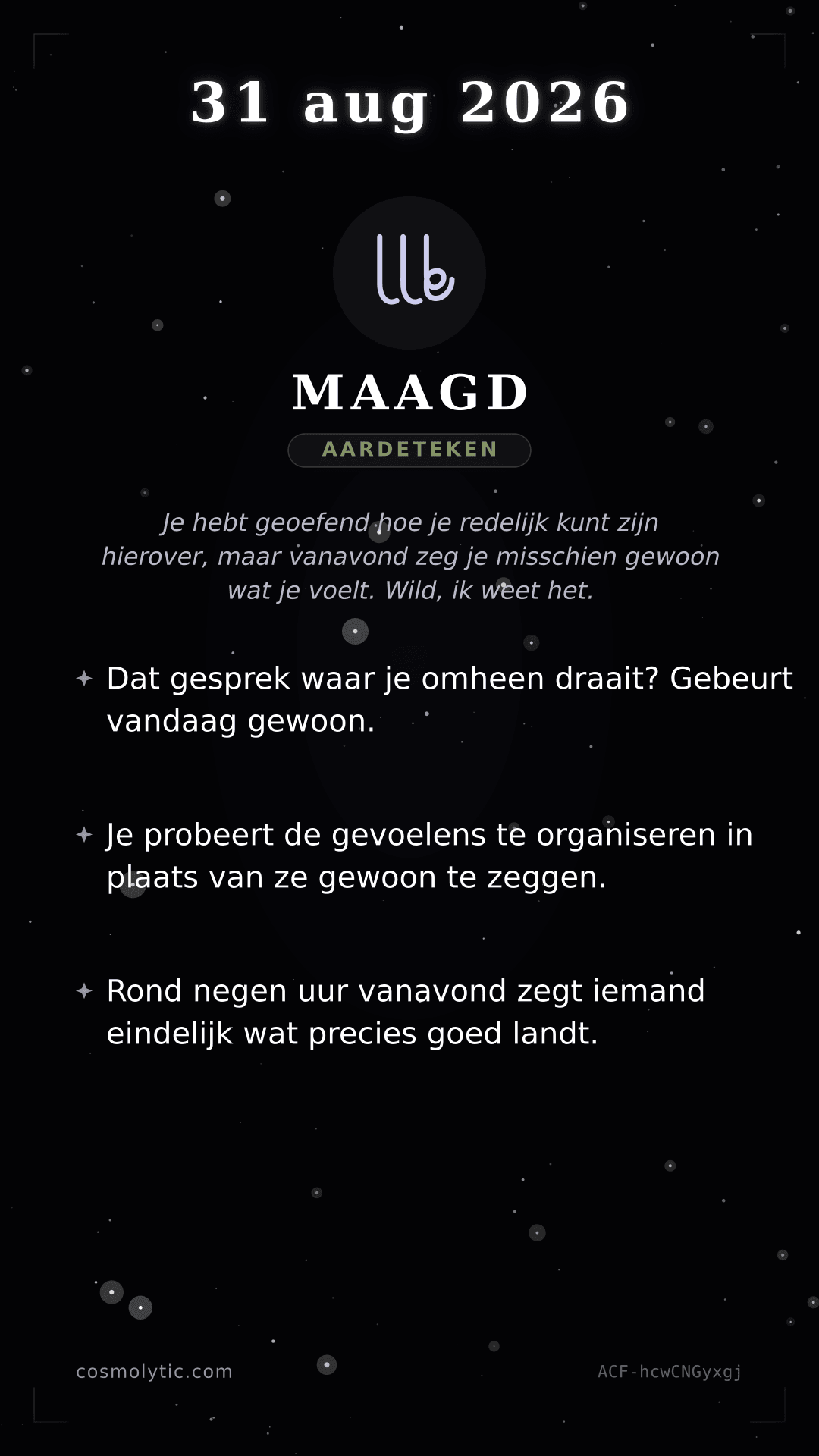 Maagd daghoroscoop kaart voor 31 augustus 2026
