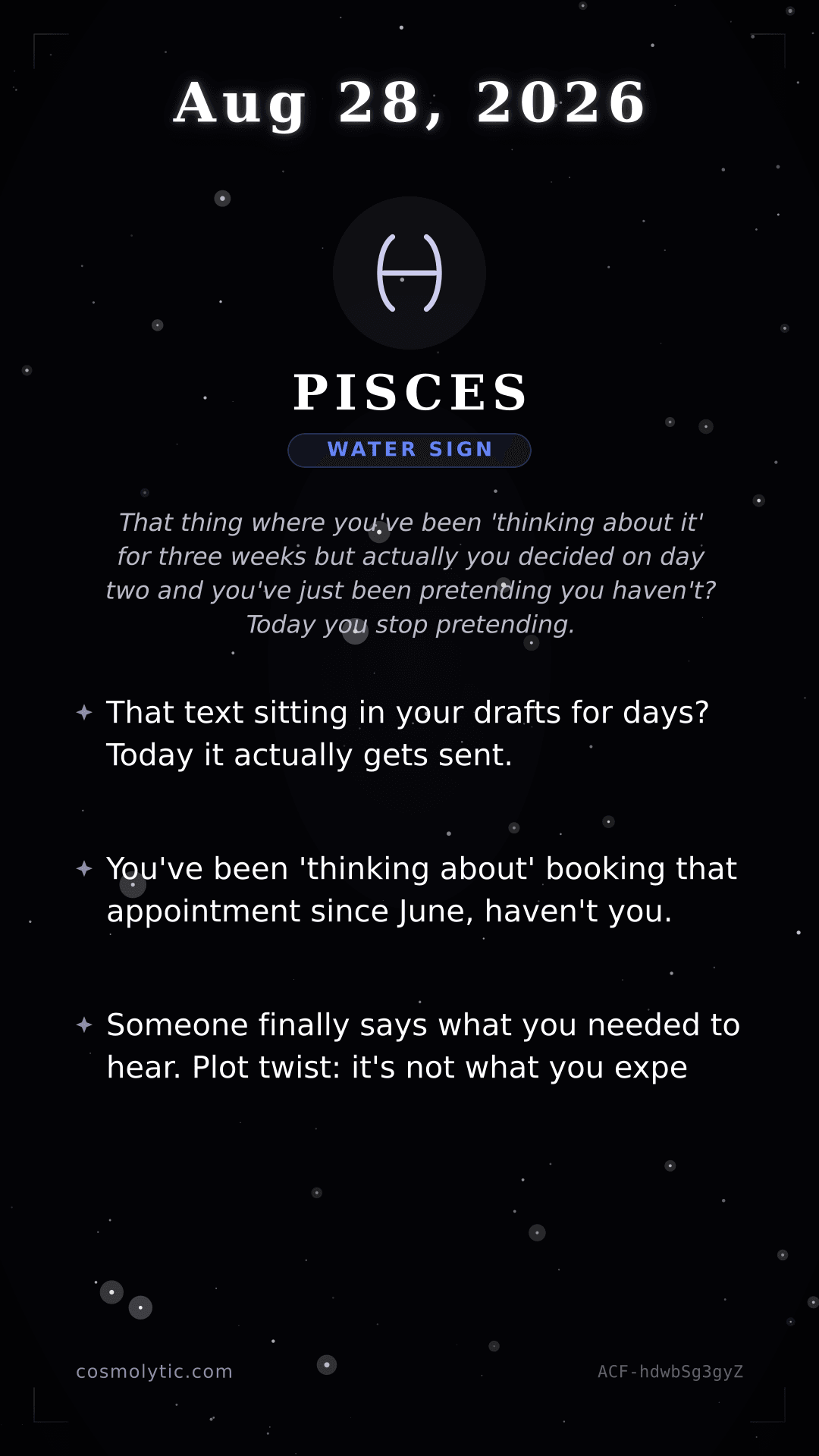 Pisces daily horoscope card for August 28, 2026