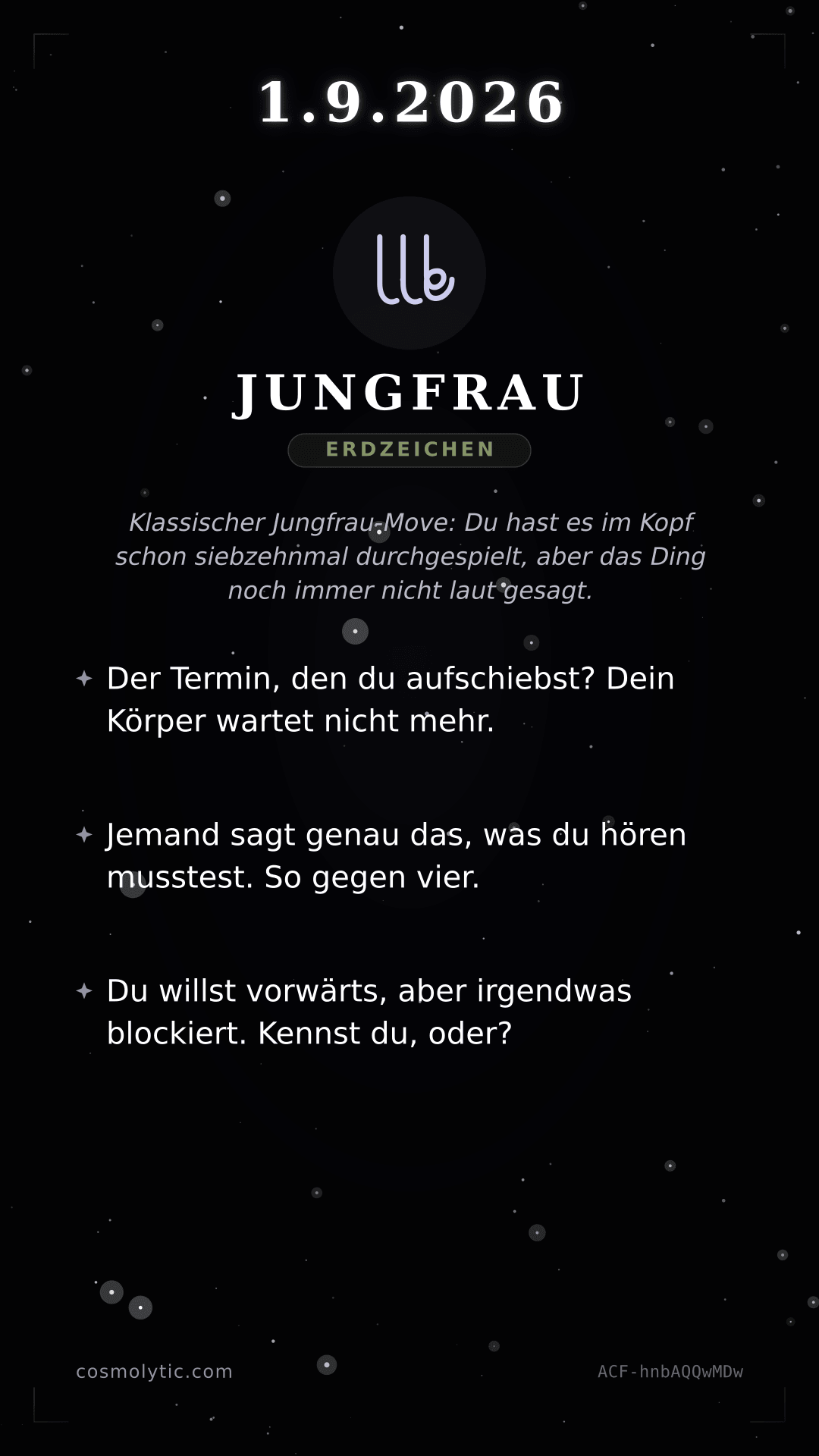 Jungfrau Tageshoroskop-Karte für 1. September 2026