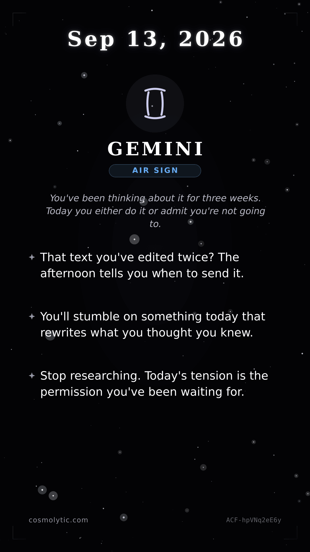 Gemini daily horoscope card for September 13, 2026