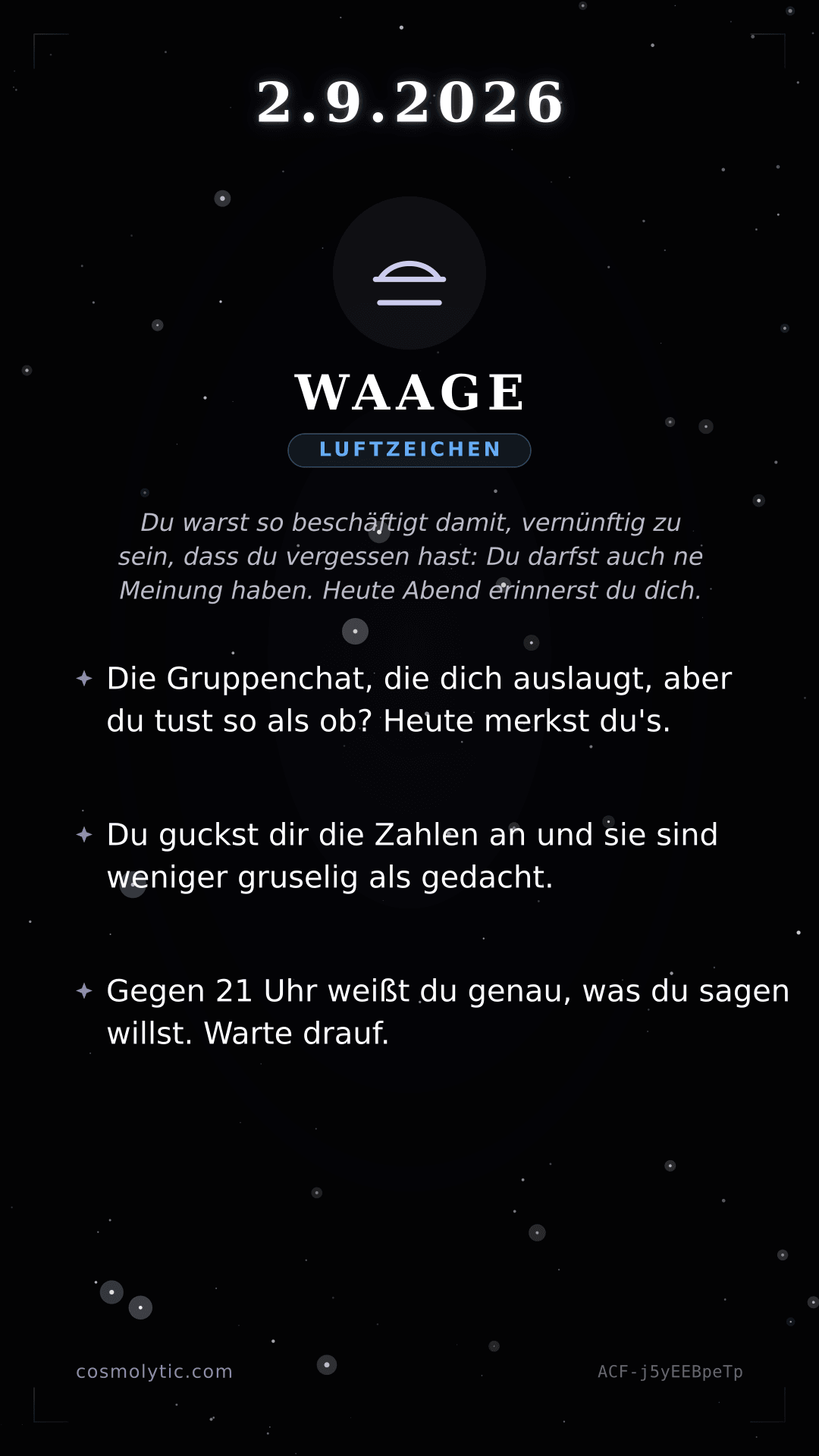 Waage Tageshoroskop-Karte für 2. September 2026