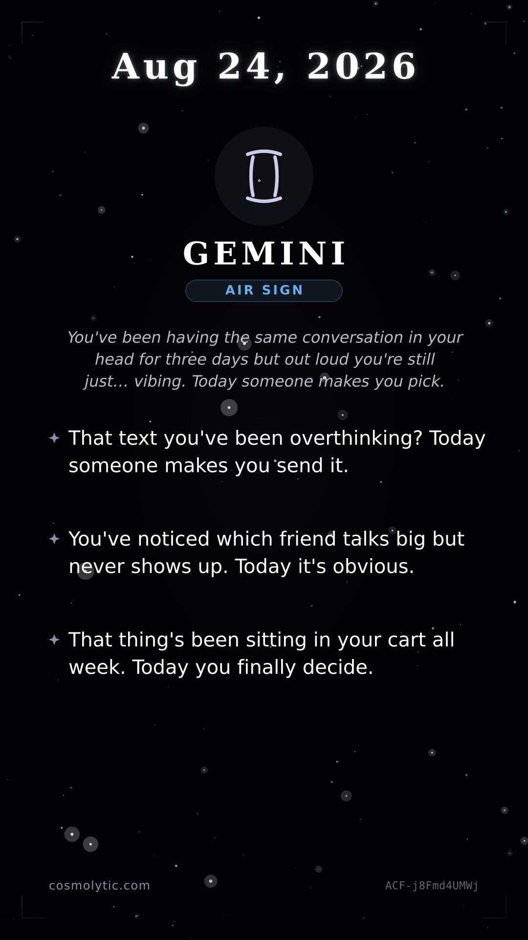 Gemini daily horoscope card for August 24, 2026