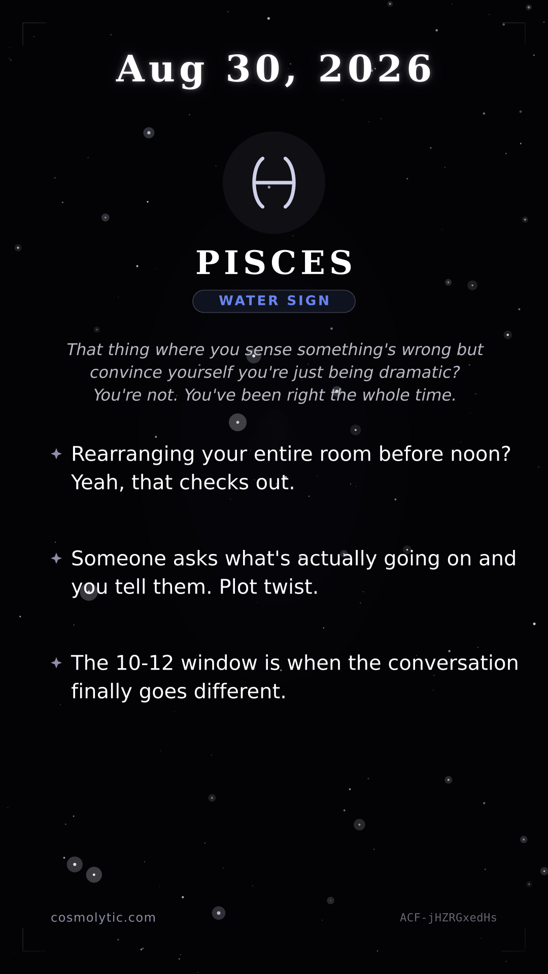 Pisces daily horoscope card for August 30, 2026