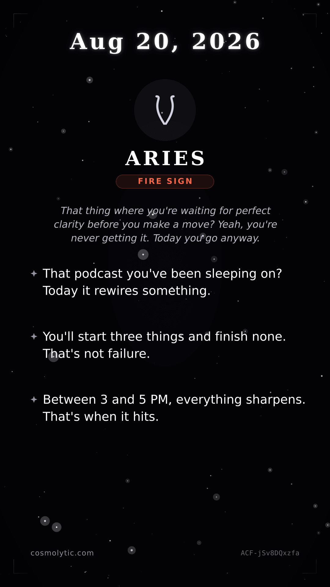 Aries daily horoscope card for August 20, 2026
