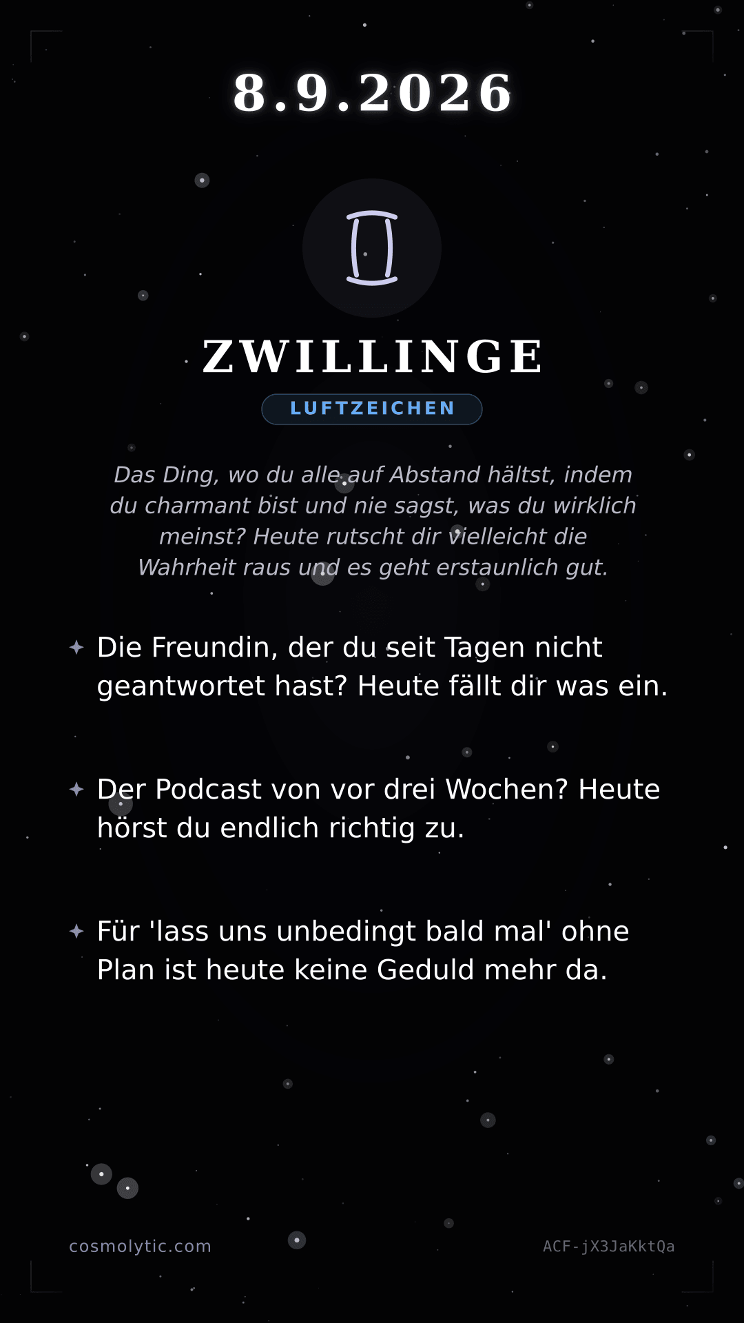Zwillinge Tageshoroskop-Karte für 8. September 2026