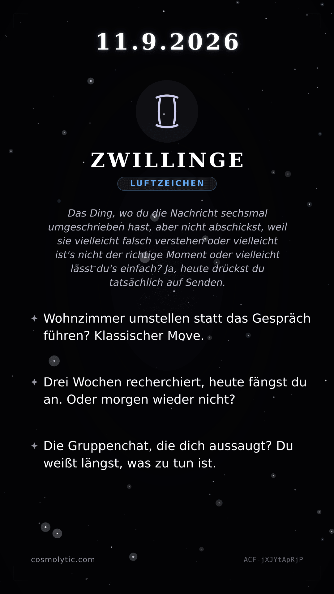 Zwillinge Tageshoroskop-Karte für 11. September 2026