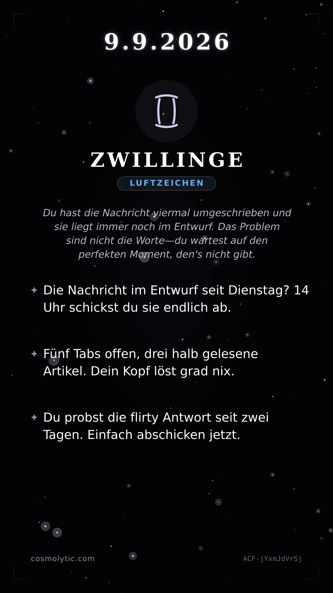 Zwillinge Tageshoroskop-Karte für 9. September 2026