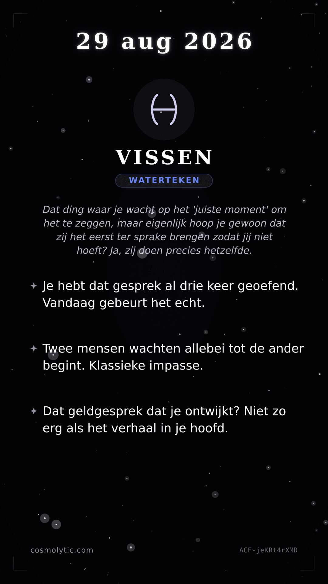 Vissen daghoroscoop kaart voor 29 augustus 2026