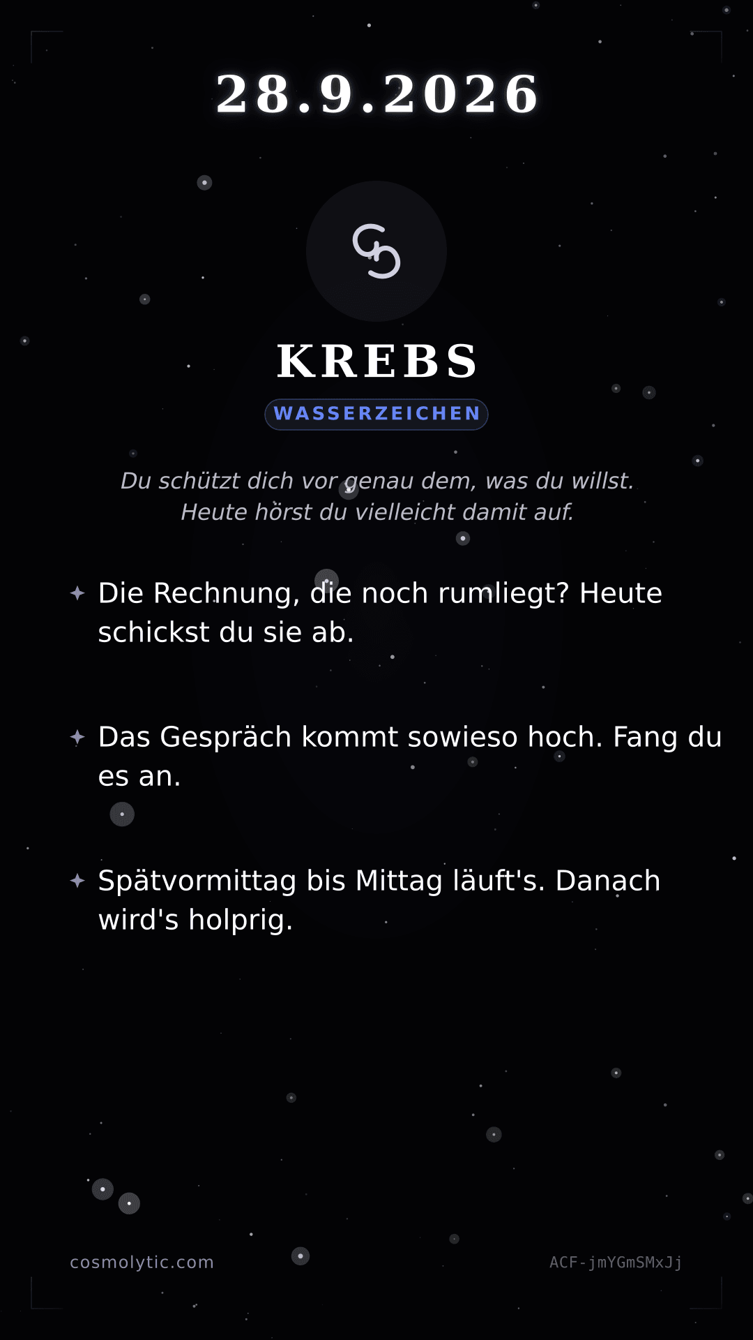 Krebs Tageshoroskop-Karte für 28. September 2026
