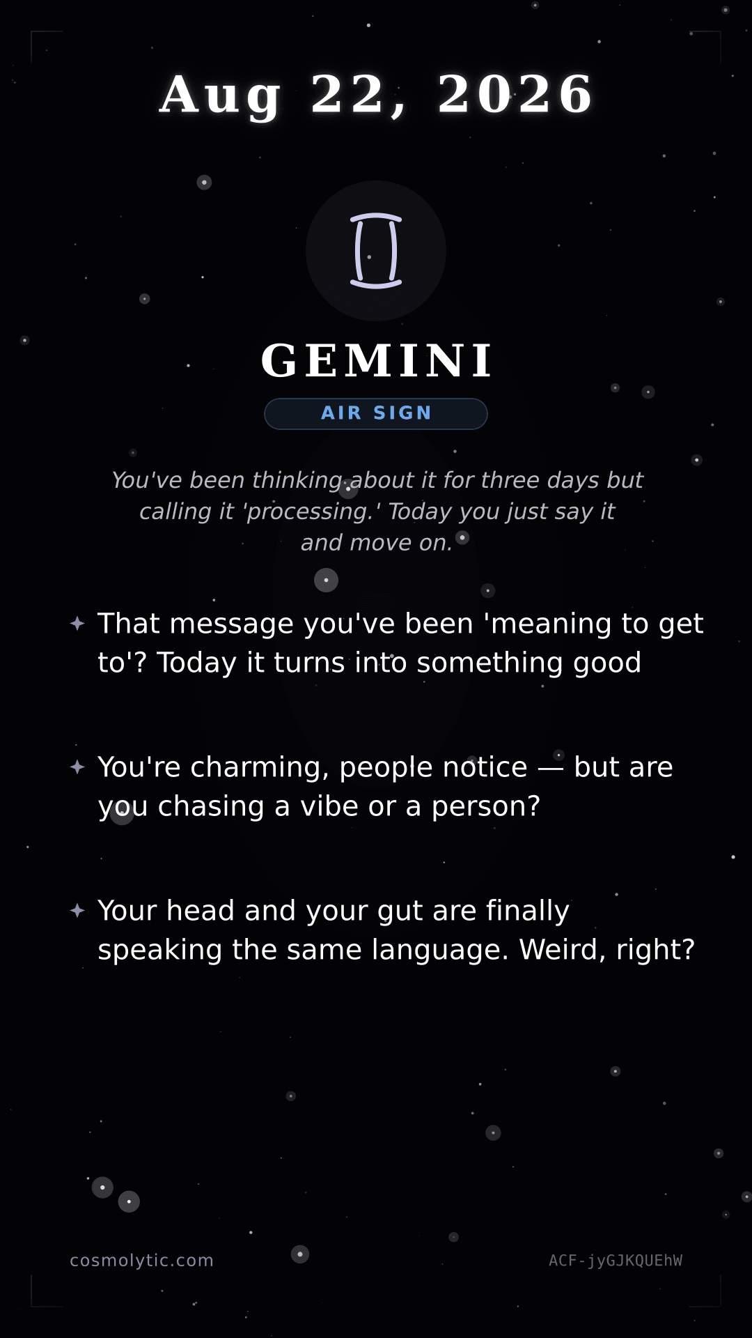 Gemini daily horoscope card for August 22, 2026
