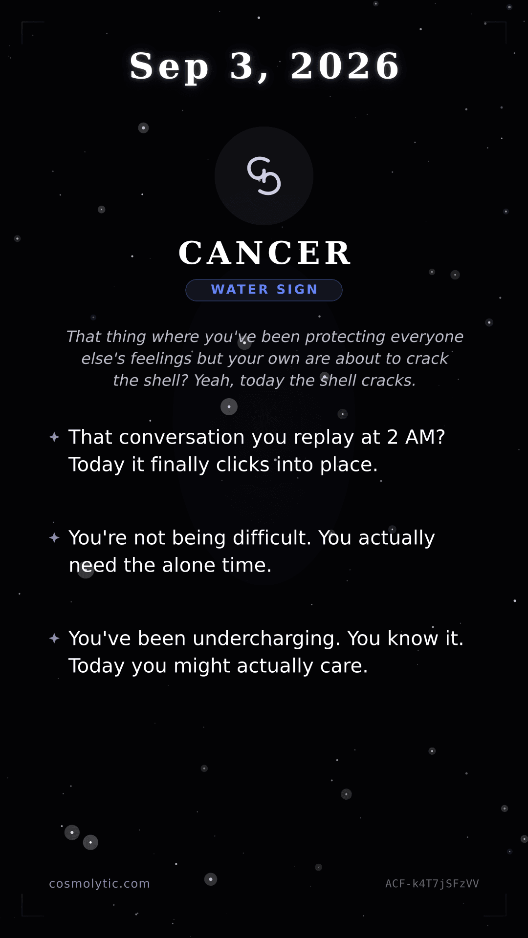 Cancer daily horoscope card for September 3, 2026