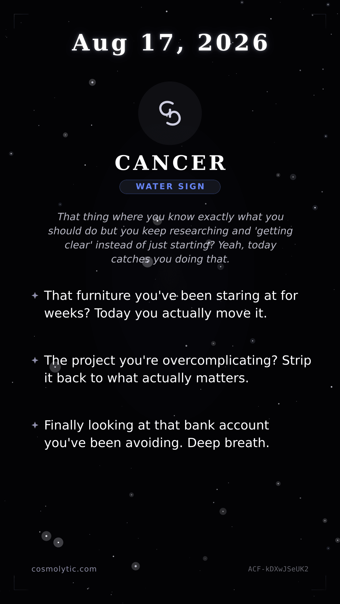 Cancer daily horoscope card for August 17, 2026