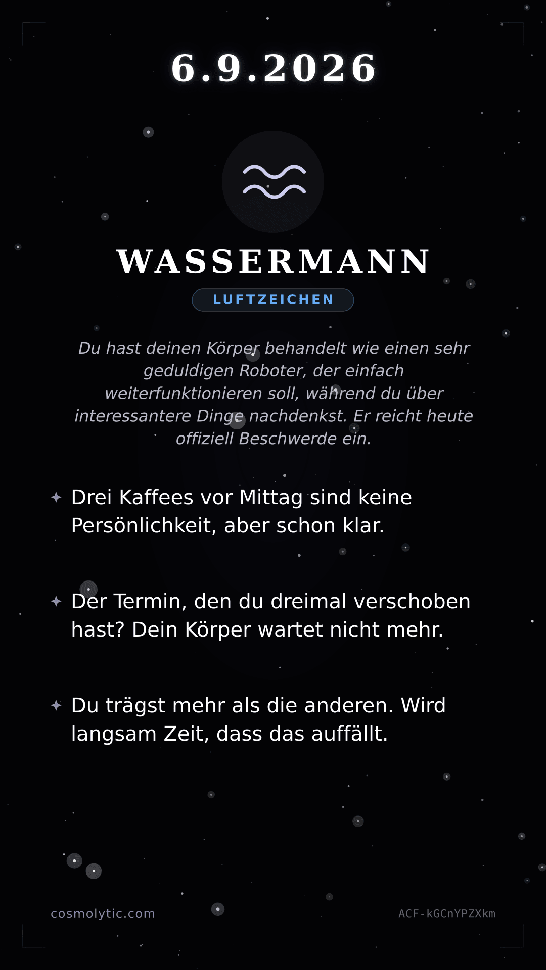 Wassermann Tageshoroskop-Karte für 6. September 2026