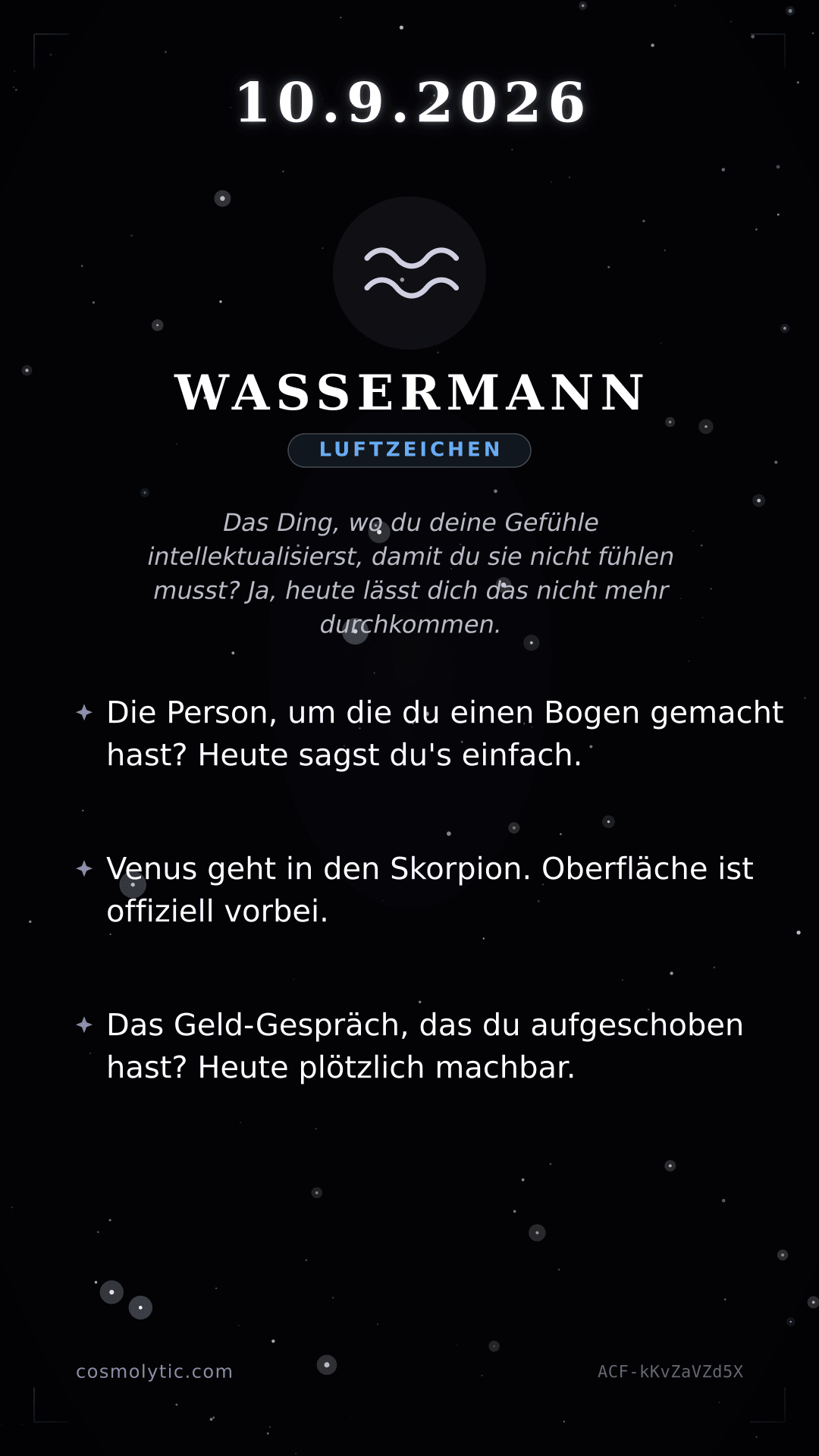 Wassermann Tageshoroskop-Karte für 10. September 2026