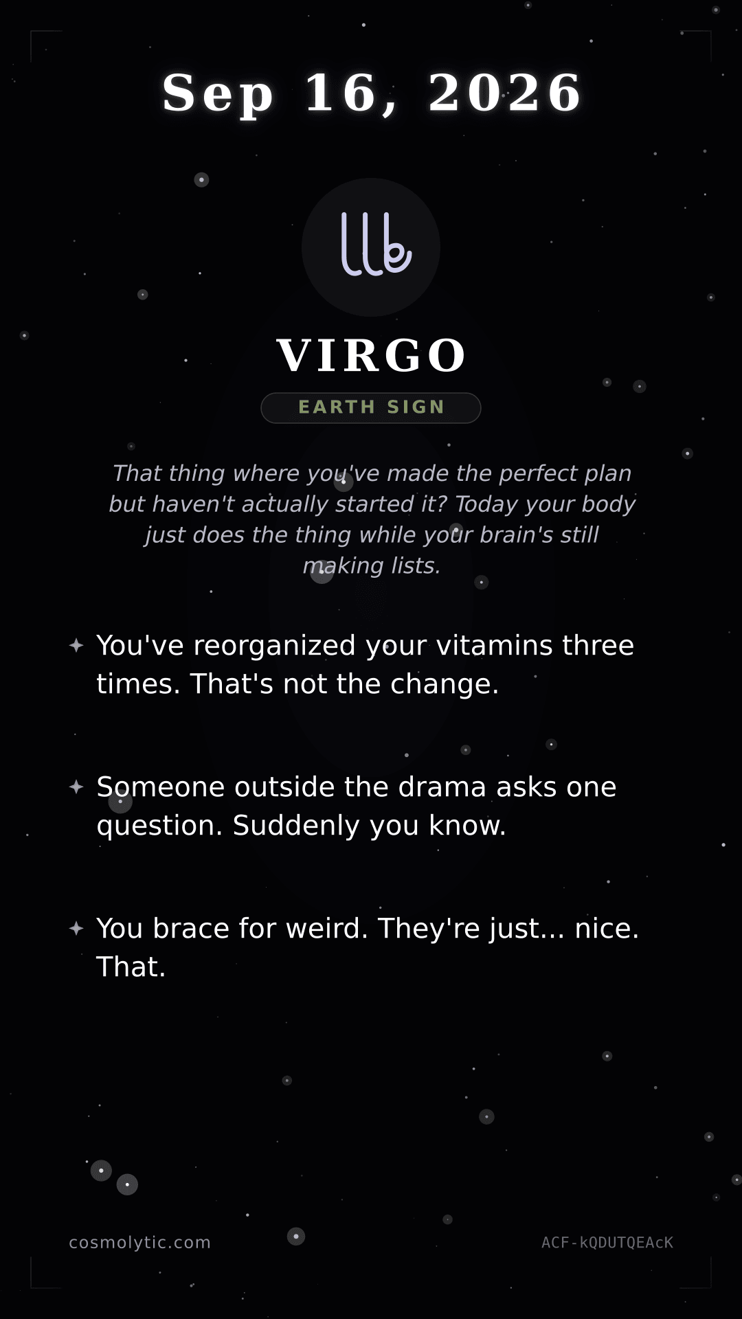Virgo daily horoscope card for September 16, 2026