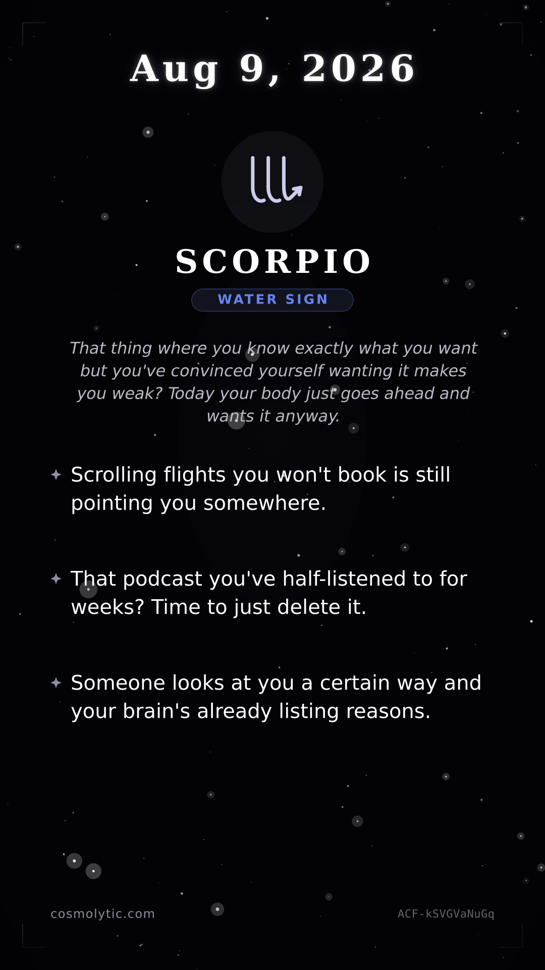 Scorpio daily horoscope card for August 9, 2026