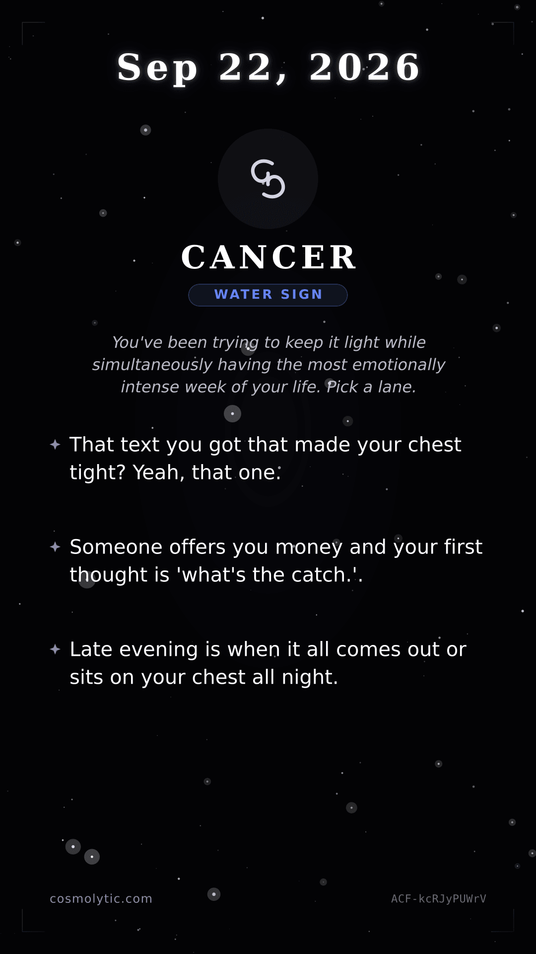 Cancer daily horoscope card for September 22, 2026