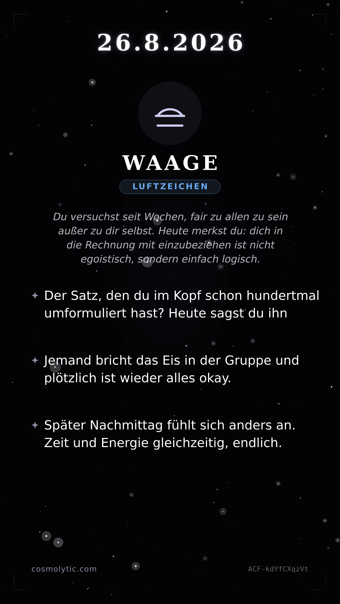 Waage Tageshoroskop-Karte für 26. August 2026