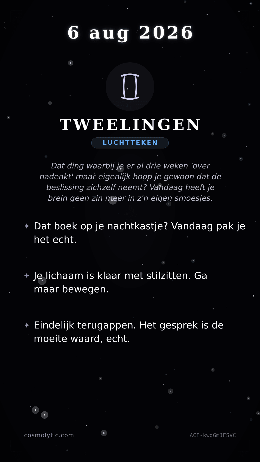 Tweelingen daghoroscoop kaart voor 6 augustus 2026