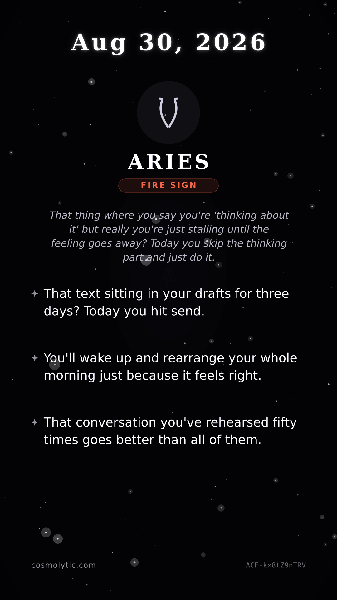 Aries daily horoscope card for August 30, 2026